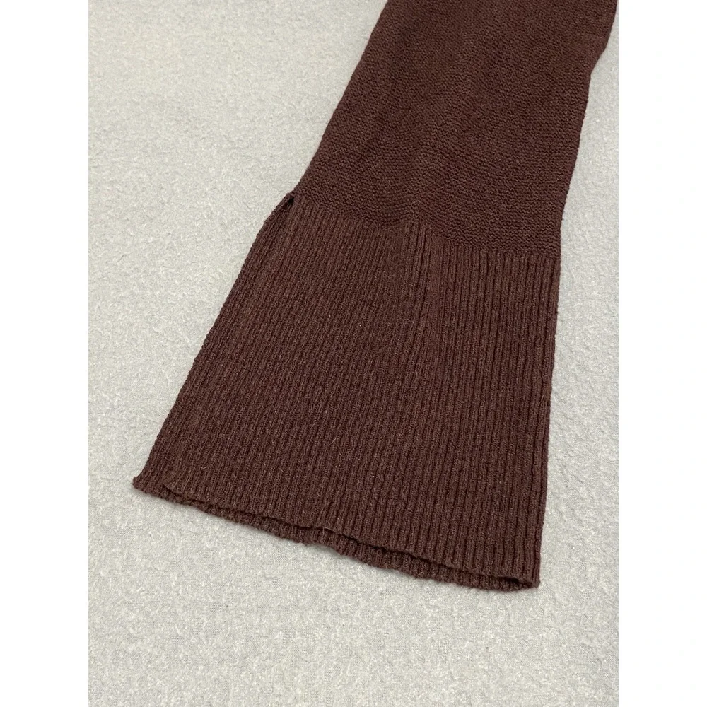 Free People XS Brown Lattice V-Neck Ribbed Knit‎ Tunic Sweater Bell Sleeve Slit